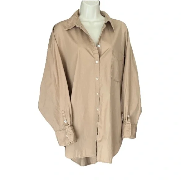 Maeve Anthropologie The Bennett Oversized Button Down Shirt Tan Long Sleeve XL - Picture 1 of 11
